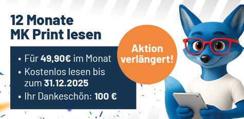 Ein blauer Fuchs mit einem Tablet in den Pfoten und einer roten Brille auf der Nase steht am rechten Rand. Auf der linken Seite neben dem Fuchs eine Informationskachel mit Daten zum Angebot 12 Monate Print lesen