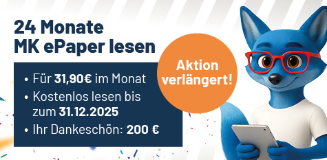 Ein blauer Fuchs mit einem Tablet in den Pfoten und einer roten Brille auf der Nase steht am rechten Rand. Auf der linken Seite neben dem Fuchs eine Informationskachel mit Daten zum Angebot 24 Monate ePaper lesen