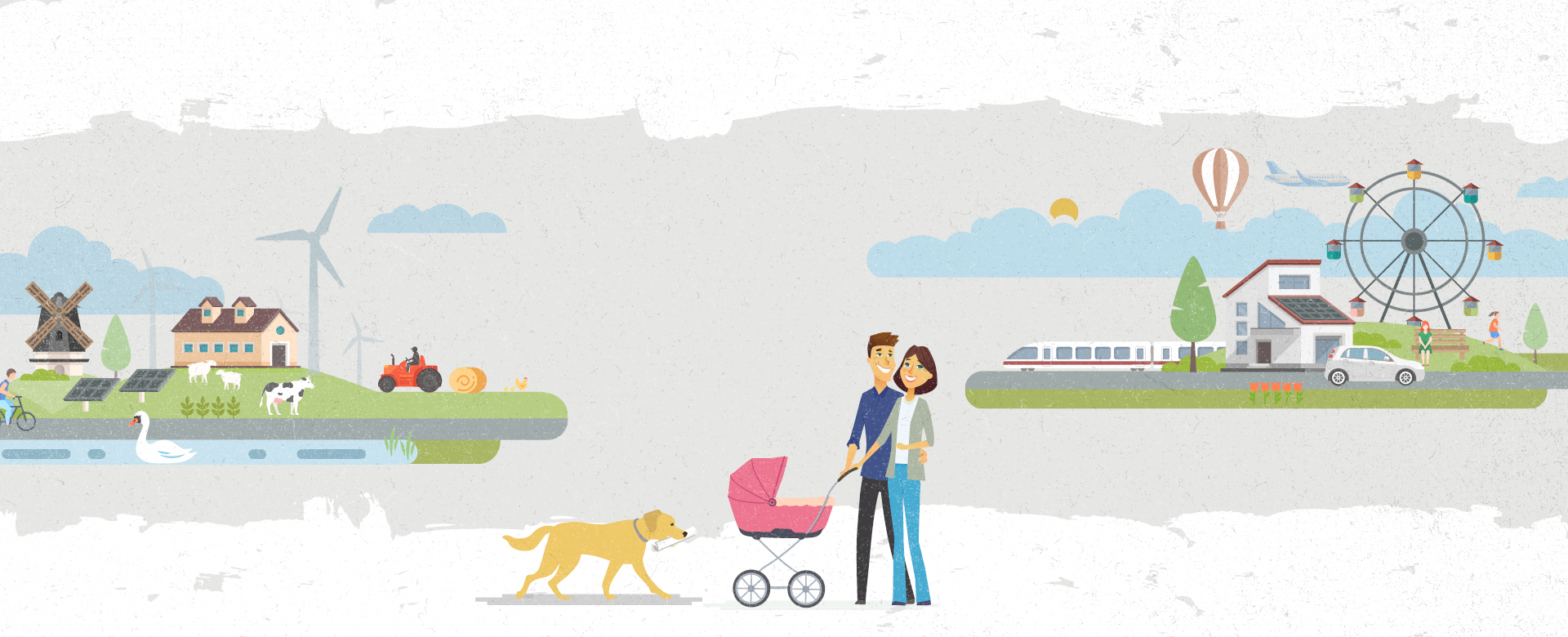 Familie mit Hund im Vordergrund mit einer Kleinstadt im Hintergrund
